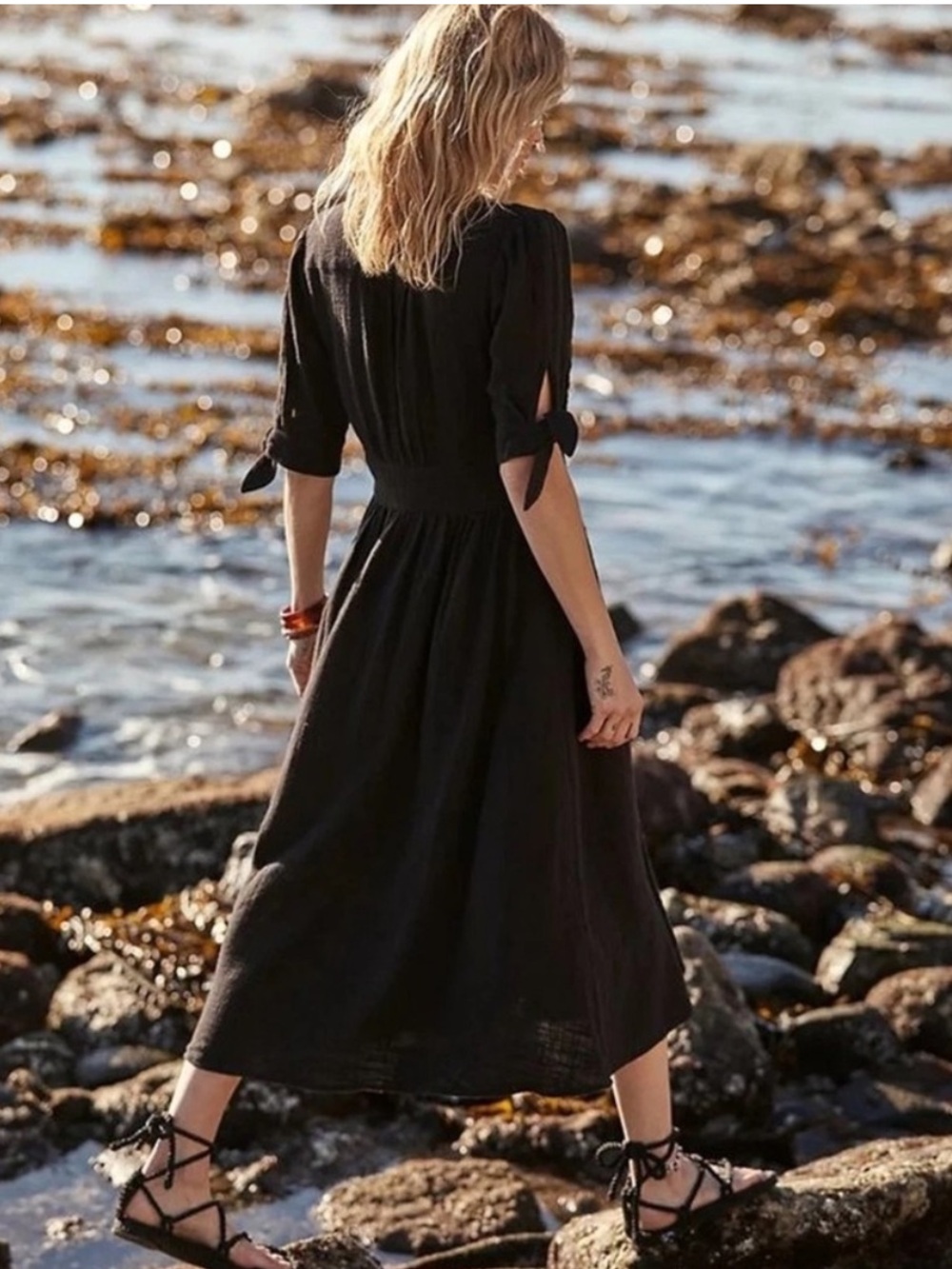 Free People Love of My Life Midi Dress Off Black 100% Cotton Size Medium - Picture 3 of 8